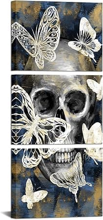 LevvArts Skull Wall Art Canvas Modern Blue Gold and Grey