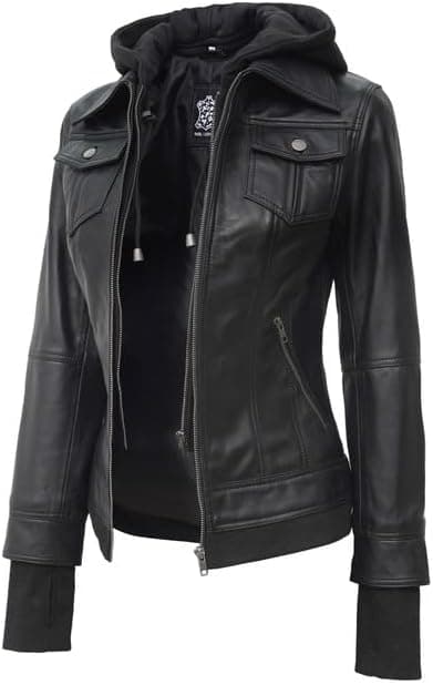Decrum Hooded Leather Jacket Women - Real Lambskin Leather