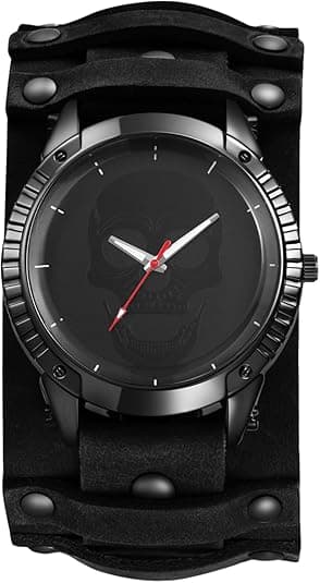 JewelryWe Men's Punk Skull Analog Quartz Wide Leather Cuff Watch