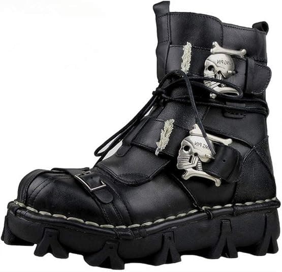 Black Genuine Leather Military Army Boots Gothic Skull Punk Motorcycle