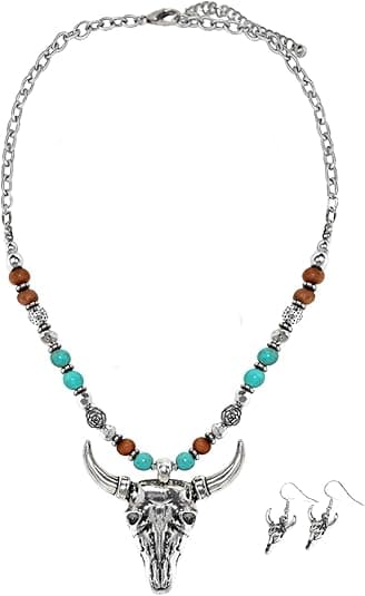 Western Bull Skull Pendant Necklace Silver-Tone with Turquoise Wood Beads