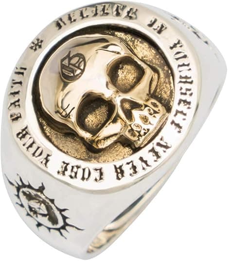 925 Sterling Silver Skull Ring Sun Totem Two Tone Punk Gothic Adjustable