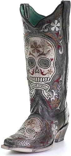CORRAL E1587 Black and White Sugar Skull Embroidered Studded Boots