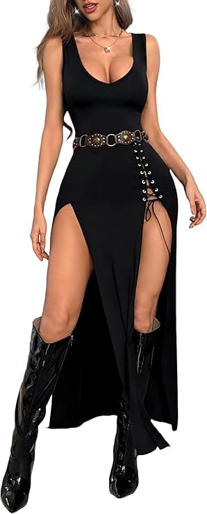 GothDark Vintage Black Goth Dress High Slit V Neck Eyelet