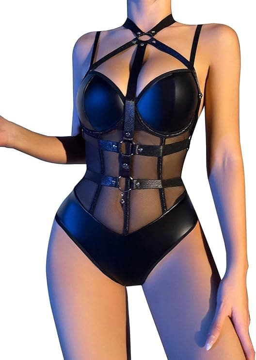 Lilosy Sexy Crisscross Choker Leather Pu Underwire Babydoll Women