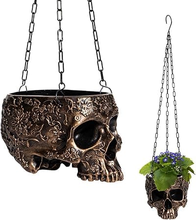 GUTE Skeleton Hanging Skull Plant Planter Pot Black - with Metal Chain & Hook
