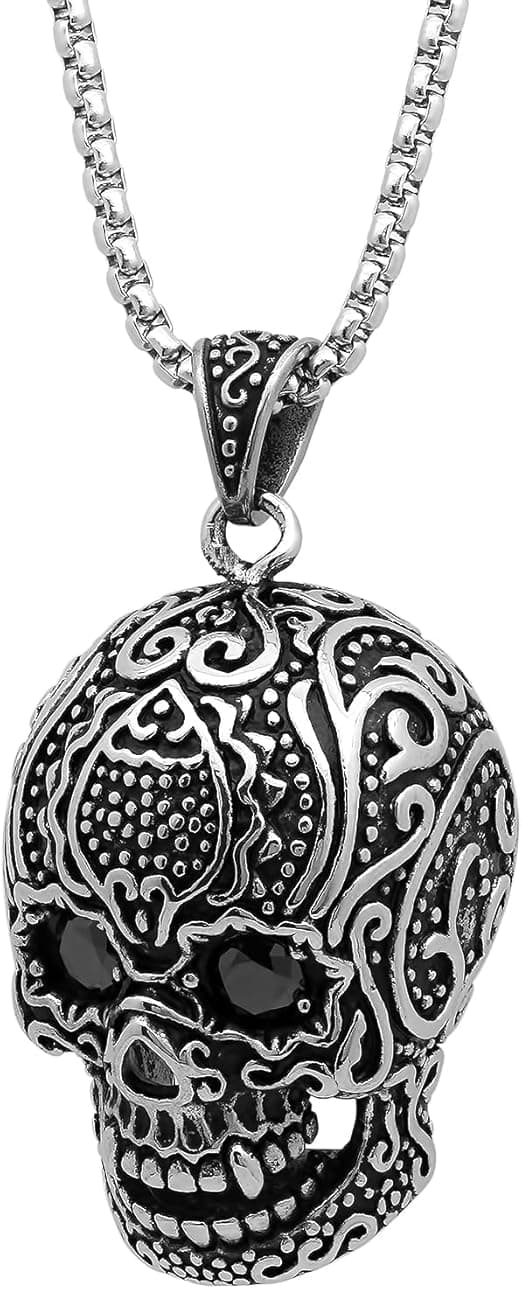 Mens 18K Gold Plated Stainless Steel Skull Pendant with Simulated Diamonds