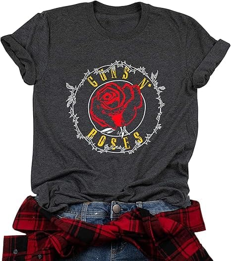 Women Roses Graphic Print Shirt Top Vintage Rock