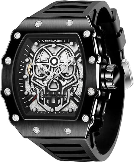 senstone Retro Punk Skull Tonneau Quartz Watch Luminous Silicone Band